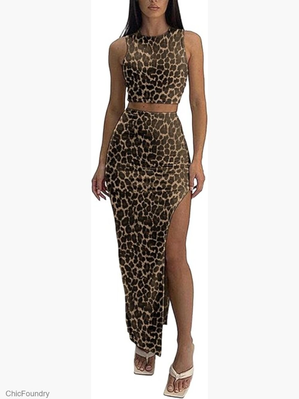 2-Piece Maxi Skirt Set - Crop Tank & High Slit Skirt, Bodycon Knit